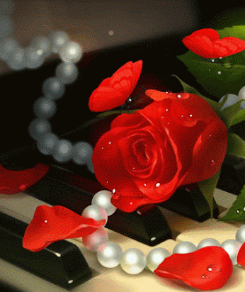 Imagen de rosa en movimiento para celular sobre un piano con pétalos de rosas junto a un collar de perlas
