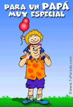 Imagen gif de una niña con globos paseando con su papá y frase especial por el día del padre